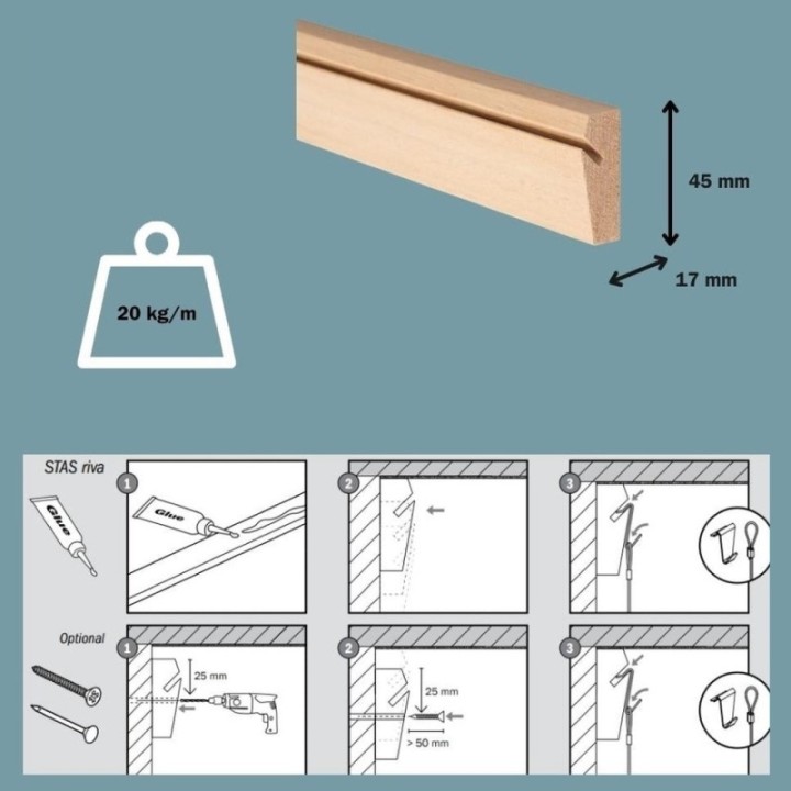 STAS Riva Latte latérale en bois 200 cm Rail mural