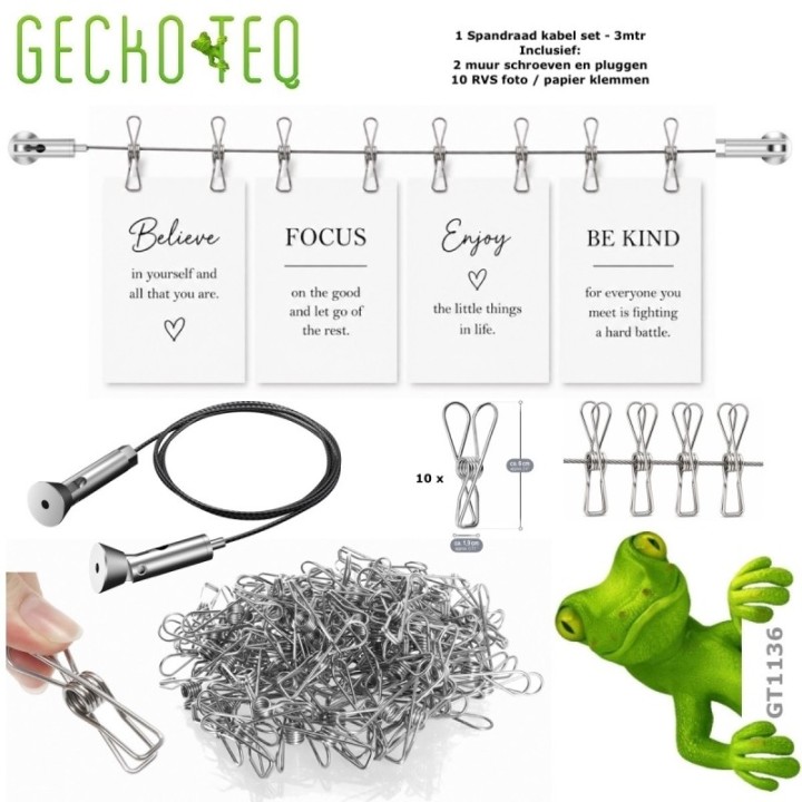 Juego de cables fotográficos GeckoTeq con cable de tensión, clips de acero inoxidable para fotos y papel, incluye accesorios.