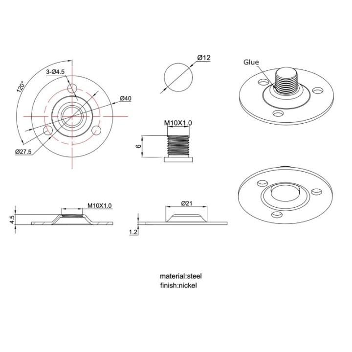 GeckoTeq Round mounting flange (Rosette) with central thread