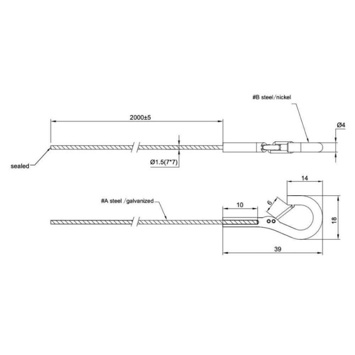 GeckoTeq 1,5mm Drut stalowy z hakiem zabezpieczającym - 2 metry